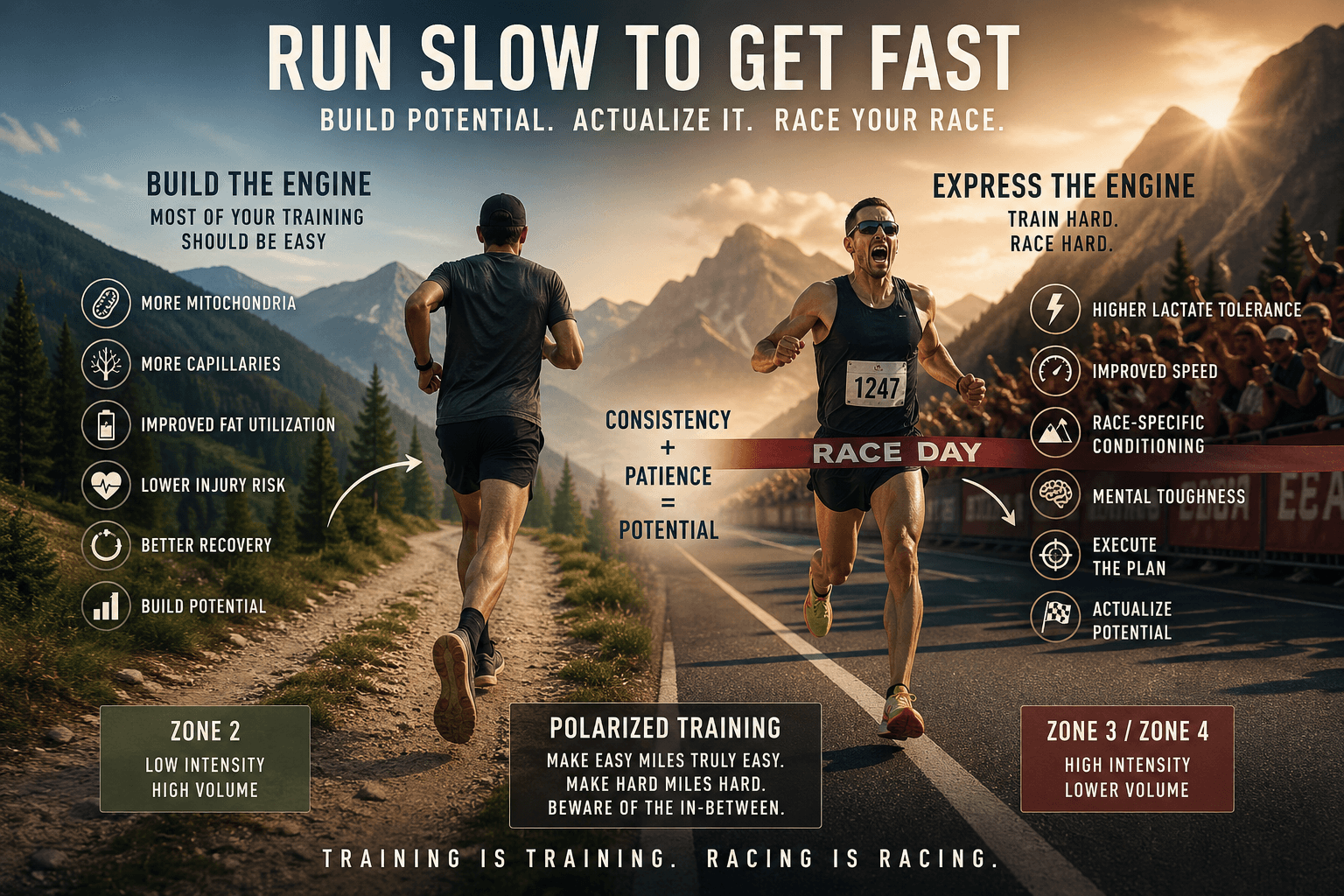 A diagram illustrating the correlation between seemingly conflicting endurance coaching statements.