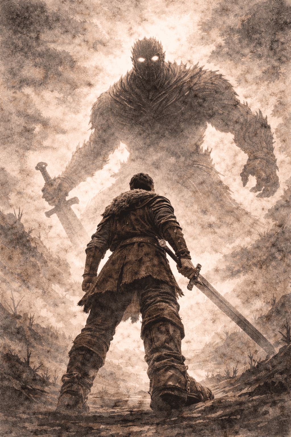 A watercolor illustration of a lone warrior standing before an immense titan, symbolizing limits, courage, and staying despite inevitable defeat.